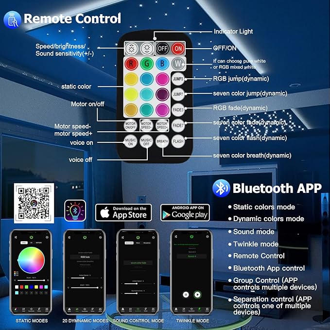 Upgraded AMKI 16W RGBW Fiber Optic Lights Kit Twinkle + Music Mode 200pcs Cables APP Remote Sound Control Car Home Starlight Headliner Ceiling Light Kit 0.75mm/0.03in 6.5ft/2m Optical Fiber Strands