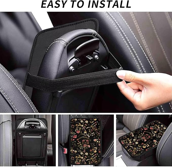 Car Center Console Cover Flower Vintage Retro Armrest Cover Cushion Cute Floral Rustic Universal Car Armrest Seat Box Pad Green Leaf Car Interior Accessories Protector for Most Vehicle