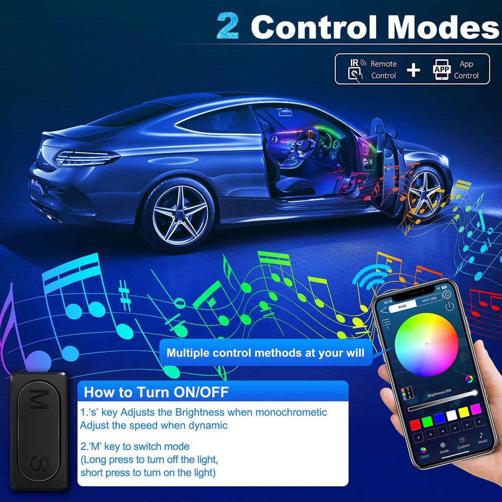 Dreamcolor Acrylic Interior Car LED Strip Light with Wireless APP, RGB 6 in 1 with 175 inches 612 LEDs Fiber Optic Car Ambient Lighting Kits, Dynamic Chasing Music Sync Neon LED Strip Lights for Car