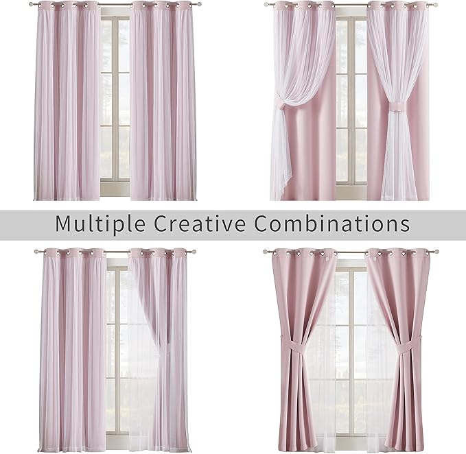 Bujasso Pink Blackout Curtains with Sheer Overlay Mix and Match Double Layer 80% Room Darkening Window Treatment Set for Girls Bedroom Living Room Pink Drapes with Tiebacks Grommet Top 37" Wx84 Lx2