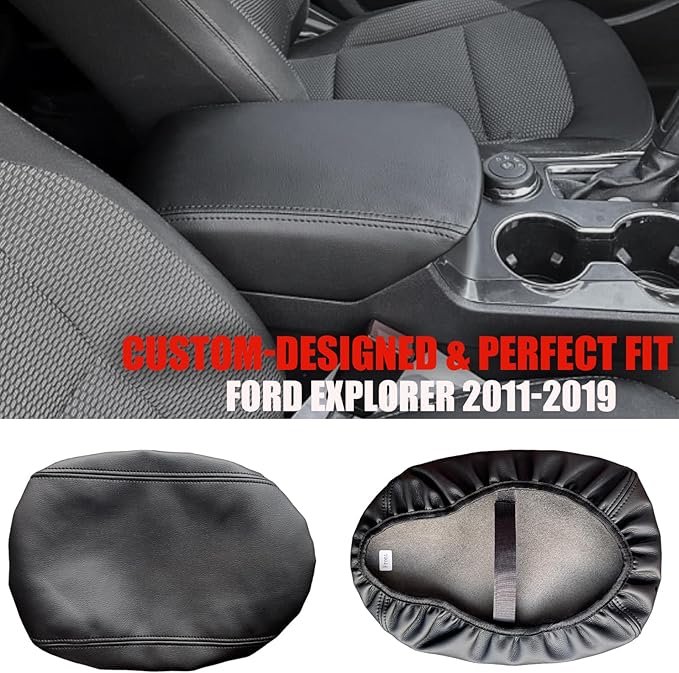 Center Console Cover for Ford Explorer 2019 2018 2017 2016 2015 2014 2013 2012 2011 - Vinyl Leather Console Lid Cushion Protector for 2011-2019 Ford Explorer Interior Accessories (Black)