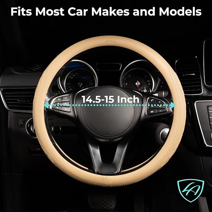 Lord Autofashion Steering Wheel Cover – PU Leather, Non-Slip Rubber Inner, All-Season Comfort – 14.5–15 Inch (Beige 9366)