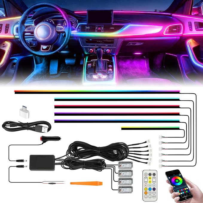 Interior Car LED Strip Lights with APP&Remote Control RGB 10 in 1 Ambient Lighting Kits Fiber Optic Strip LEDs,16 Million Colors,Music Sync Car Neon Lights for Cars,SUVs,Trucks