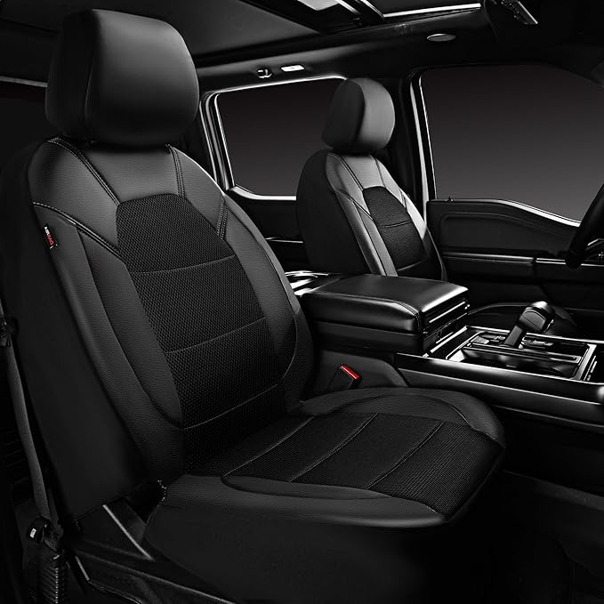 CAR PASS Leather and 3D Air Mesh Universal Fit Car Seat Covers, for Sedans,Trucks,Suvs,Airbag Compatible,Zipper Design and Reserved Opening Holes for Headrest(Full Set, Black and Black)