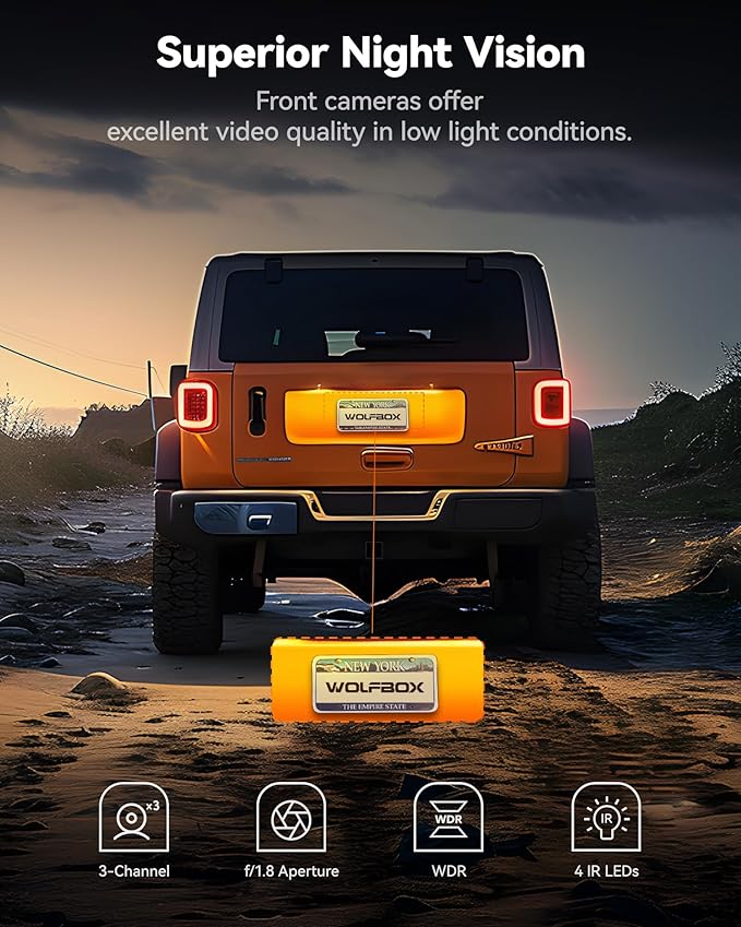 WOLFBOX i17 4K 3 Channel Dash Cam Built-in 5.8GHz WiFi with 64GB Card, 4K+1080P+1080P Dash Cam Front and Rear Inside, Triple Car Camera with 3 Inch Screen, IR Night Vision, WDR, 24H Parking Mode, GPS