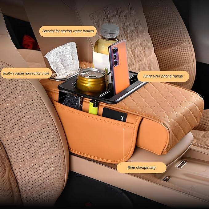 Zpana Car Center Console Armrest Pillow, Memory Foam Leather 4 in 1 Vehicle Arm Rest Cover with Tissue Box 2 Side Storage Bag Cup & Phone Holder, Auto Armrest Cushion, Universal Fit (Black/Red)