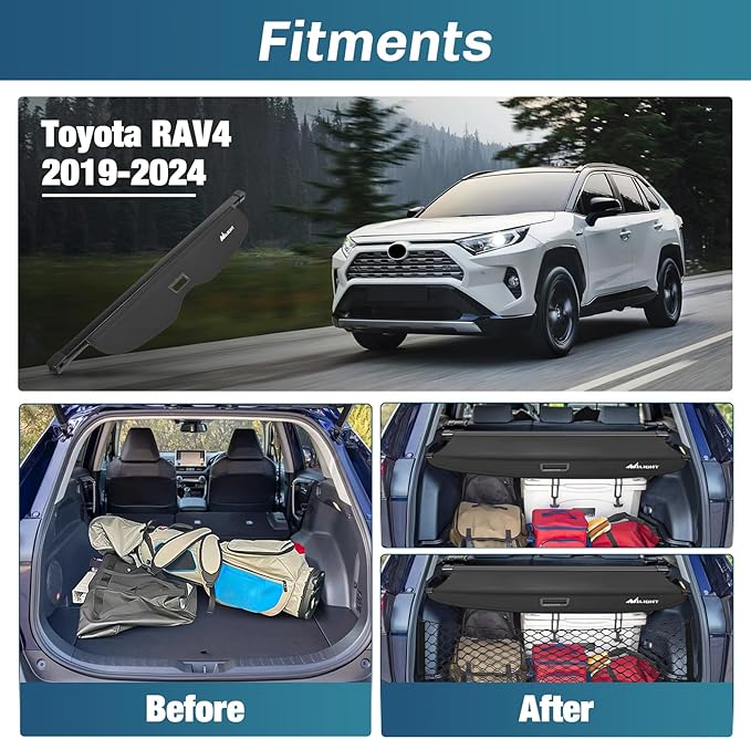 Nilight Trunk Cargo Cover for Toyota RAV4 Accessories 2019 2020 2021 2022 2023 2024 2025, Retractable Security Shade Rear Cargo Cover, with Trunk Storage Net, 1-Pack