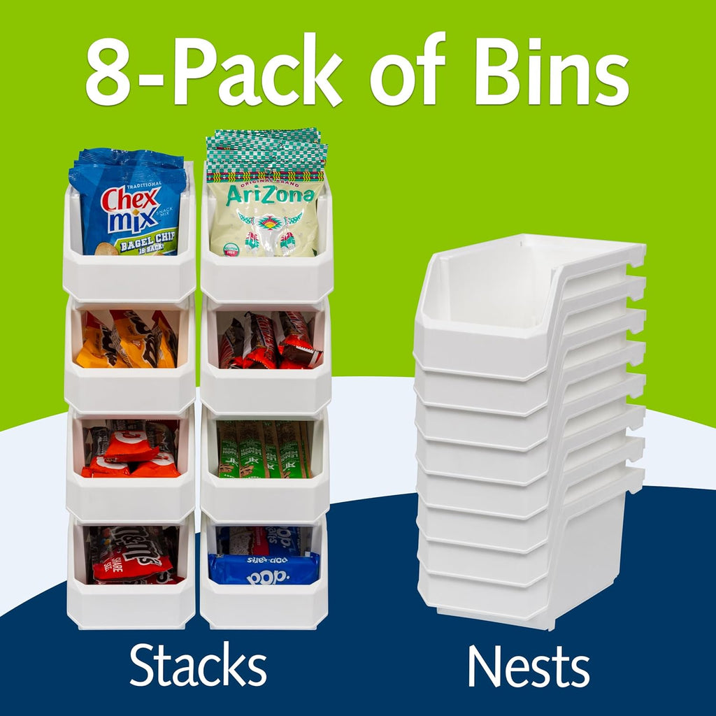 Plastic Containers for Organizing and Storage Bins for Closet, Kitchen, Office, Garage or Pantry Organization, Stackable Bins, Medium (11" x 5" x 5.5"), 8-Pack, White