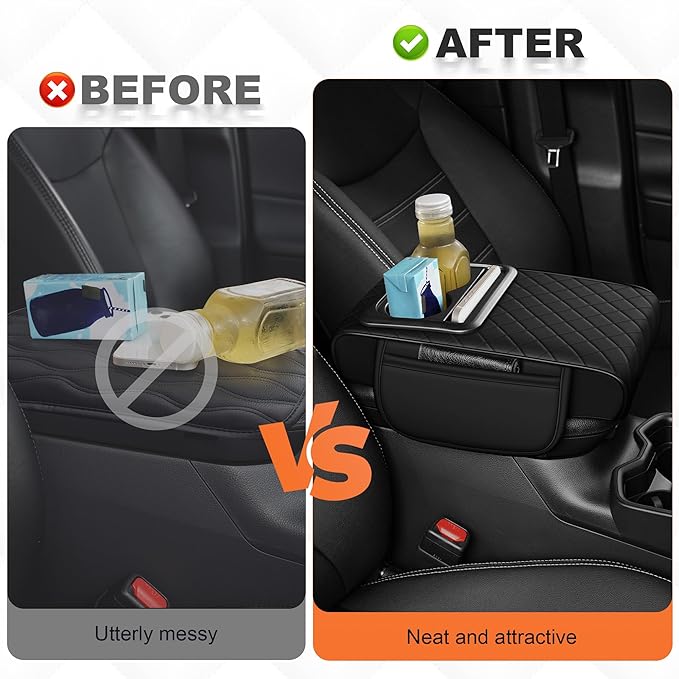 Center Console Cover Fit for Kia Soul 2010-2025 with 2 Storage Bags Waterproof Leather Quilted Pattern Car Armrest Cover Cushion Elevating Pad Anti-Slip(Black)