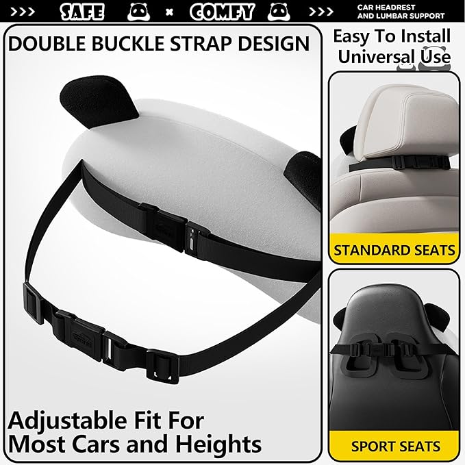 Cute Panda Car Neck Pillow & Lumbar Support Memory Foam Cushion for Driving Adjustable Headrest Waist Pillow for Most Seats (Black, Headrest 2Pcs)