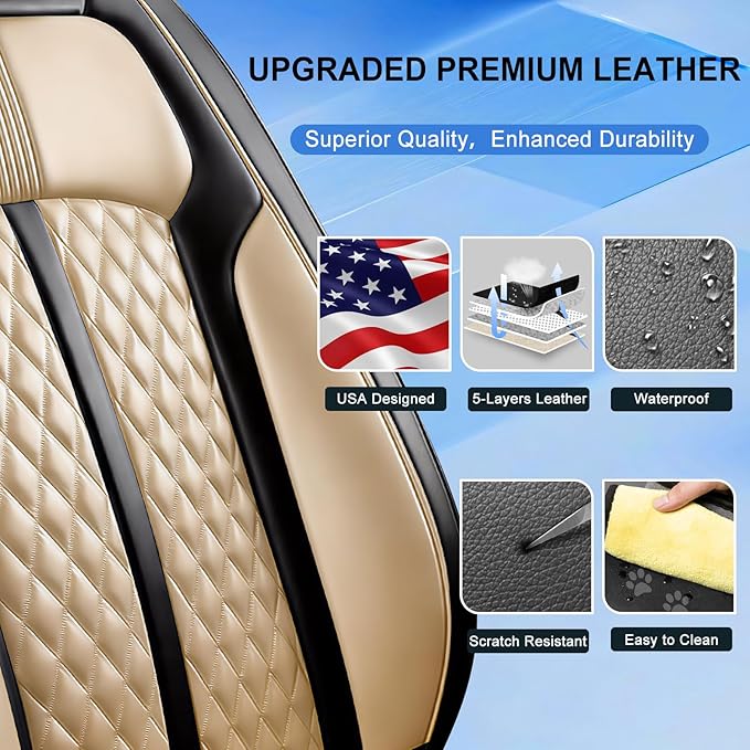 Fit CX-5 Car Seat Covers for Select Mazda CX5 2013-2024 2025 2026 - Premium Full Coverage Leather, Airbag Compatible, Waterproof & All Weather Seat Protector, Full Set, Black+Beige
