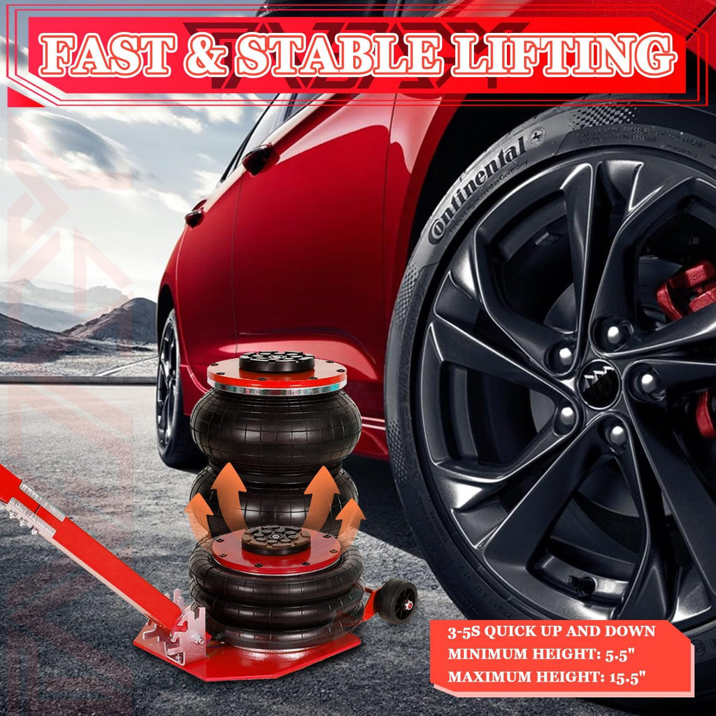 3T Triple Bag Air Jack 6600lbs Pneumatic Jack 3s Fast Lift Up 16in Airbag Jack with Adjustable Long Handle Heavy Duty Triple Air Bag Jack Lift for Cars Garage (Red)