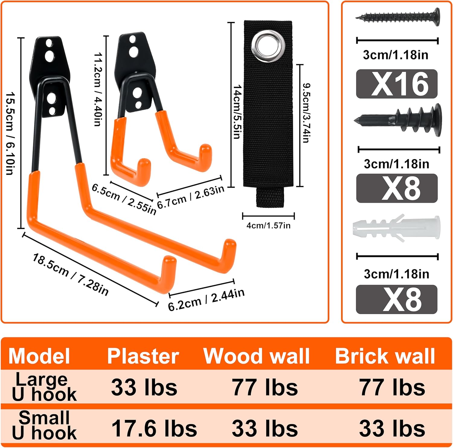 QUELIEN 4 Pack Garage Wall Hooks, 2 Large 7.5 in & 2 Small 2.5 in Heavy-Duty Cord Organizers for Garage Storage, Space-Saving Design for Home, Garage, and Workshop Use