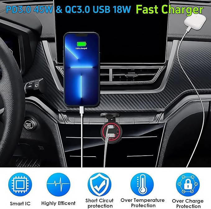 45W PD & 18W QC3.0 USB Laptop Car Charger Power Socket, Marine Type-C/USB C Port Fast Charging Adapter, 12V USB Power Outlet with ON/Off Switch Button Waterproof Cover for Boat RV Truck Golf (Red)