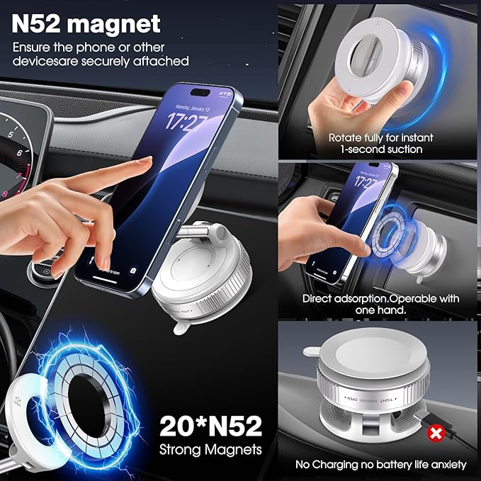 Jikasho Vacuum Magnetic Car Phone Holder for Magsafe, Hands-Free 360° Adjustable Suction Cup Phone Mount for Car/Gym/Mirror/Smooth Surface, Compatible with iPhone & Android (White)