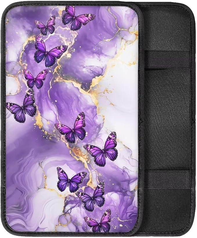 Purple Marble Butterfly Auto Armrest Box Cover Car Armrest Storage Box Mat Center Console Armrest Soft Pad Fits for Most Vehicle,SUV,Truck