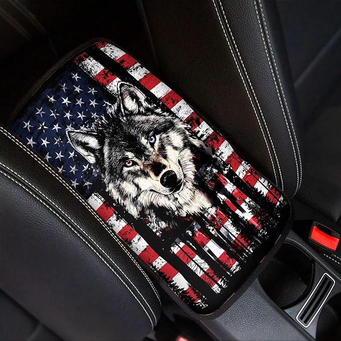 Wolf American Flag Print Center Console Armrest Cover for Car,Armrest Cushion Cover Pad, Auto Interior Accessories Universal Fit