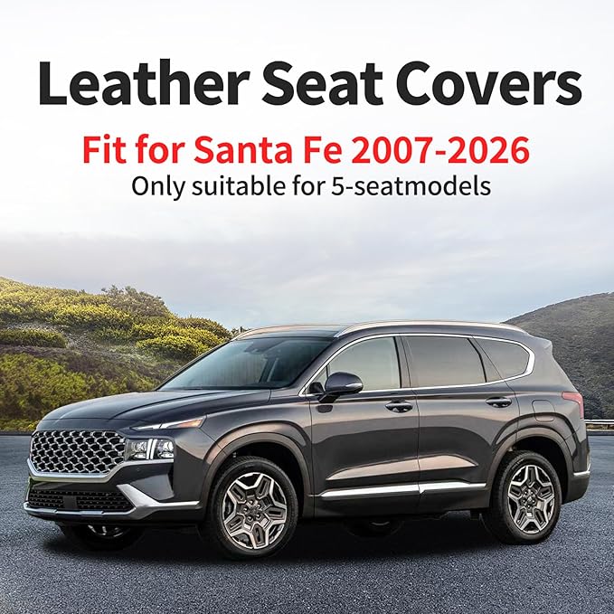 Fit Santa Fe Seat Covers Custom Fit for Hyundai Santa Fe 2005-2026 (Only 5-Seat Version) - Full Set Premium Leather, Waterproof, All-Weather, Airbag Compatible, Car Seat Protectors (Black)