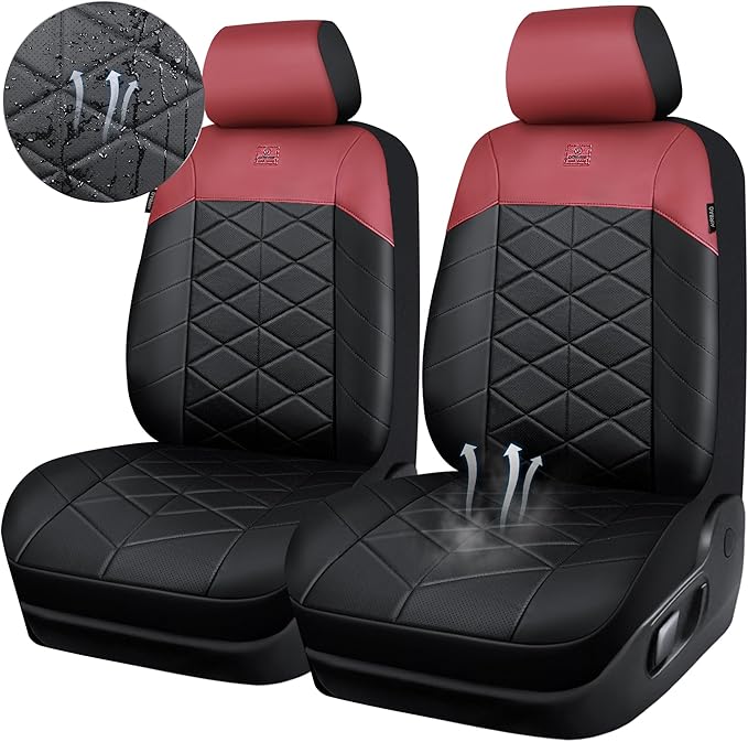 CAR PASS Nappa Leather Waterproof Car Seat Covers Two Front Seats, 3D Foam Automotive Seat Covers with Memory Foam, Universal Fit for Cars SUV Trucks Sedan, Airbag Compatible, Black Red Wine Burgundy