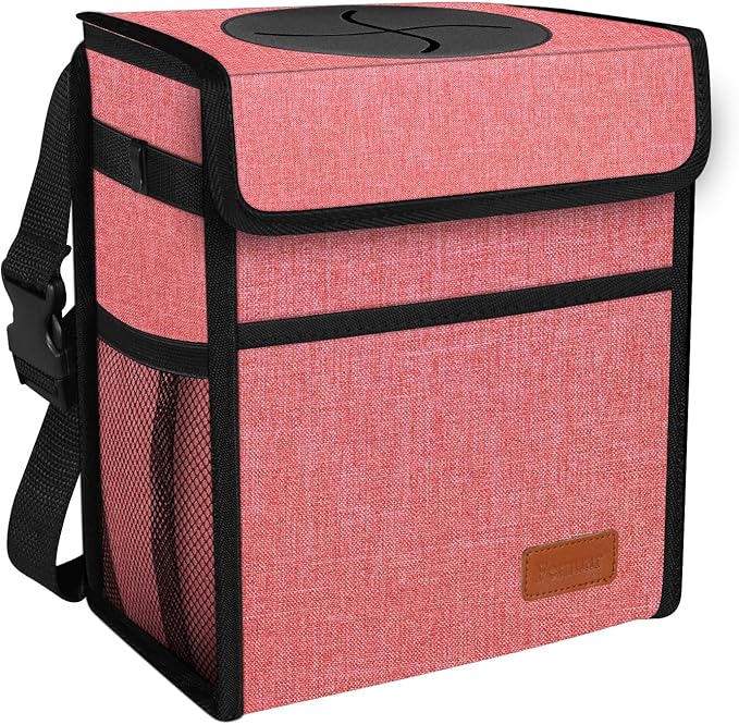 Femuar Car Trash Can with Lid - Leak Proof, Waterproof, Multipurpose Car Hanging for Headrest, Collapsible, Portable with Storage Mesh Pocket, Pink