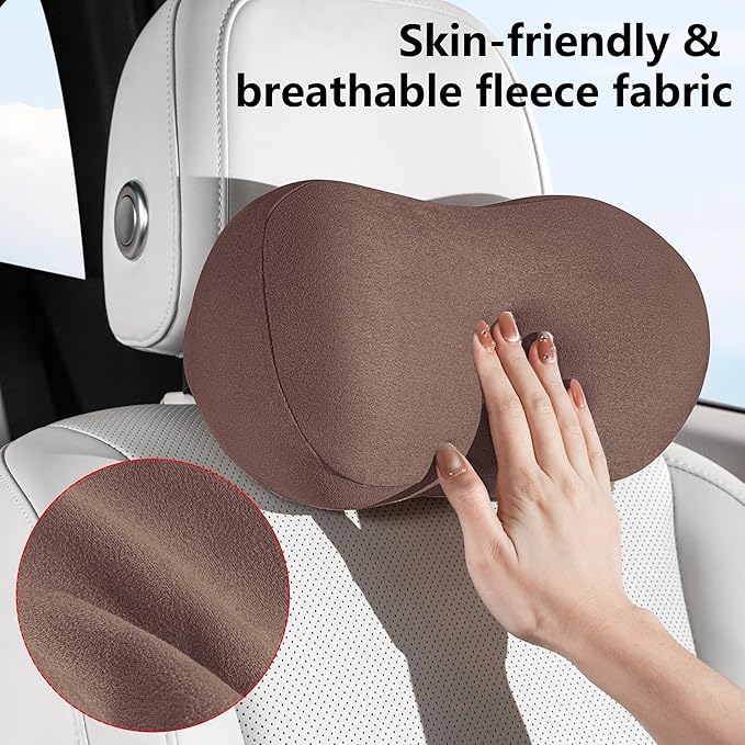 Car Neck Pillow Ergonomic Design Memory Foam Softness Car Headrest Pillow for Neck Support Cushion for Driving, Universal Fit Head Rest Travel Pillow, Fits All Vehicles, Brown, 2 Pack
