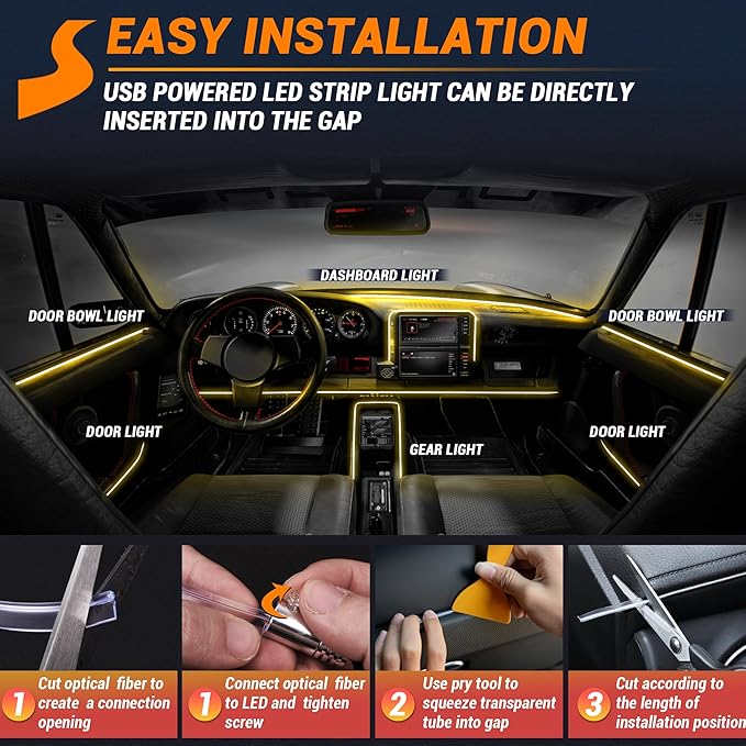 Interior Car LED Strip Lights 470 inches Fiber Optic tubing USB Powered RGB 10 in 1 Car Neon with Wireless APP and Remote Control, Ambient Lighting Kits 16 Million Colors,Sync to Music