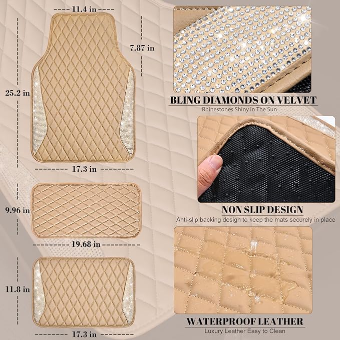 CAR PASS Bling Beige Leather Car Mats Shining Diamond Floor Mats Crystal Rhinestone Sparkly Glitter Carpet Anti-Slip Waterproof Pad Universal Fit for Automotive SUV, Sedan, Van, 5pcs Girl Women Beige