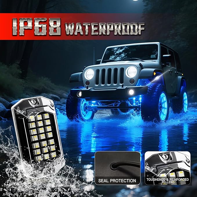 8 Pods Full Angle RGBW LED Rock Lights for Truck ATV UTV RZR SXS Jeeps Van RV Offroad,Waterproof Multicolor Neon Underglow Kit with APP/RF Remote&Brake Red Function, 12V Pure White Underbody Lights