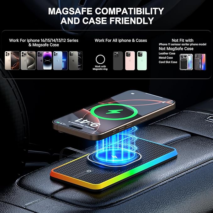 Magnetic Wireless Car Charger Charging pad, POLMXS 15W Wireless Phone Charger Cell Phone Cordless Charging mat for car Compatible with iPhone 12/13/14/15/16 Pro Max Xs Airpods Earbuds (K1MAG)