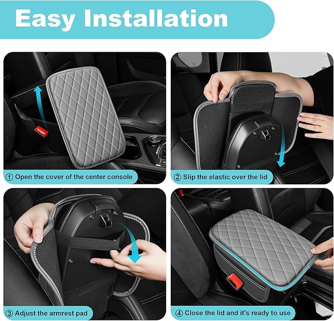 Center Console Cover Fit for Kia Sorento 2003-2025 with 2 Storage Bags Waterproof Leather Quilted Pattern Car Armrest Cover Cushion Anti - Slip(Grey&White Line)