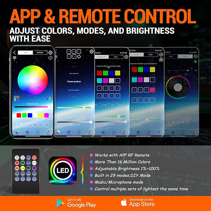 Interior Car LED Strip Lights, RGB 8-in-1 16 Million Colors Ambient Lighting Kit with 400 inches Fiber Optic Wireless APP & Remote Control Music Sync