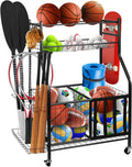 Garage Sports Equipment Organizer, Ball Storage Rack,Garage golf Organizer with Basket and Hooks,Rolling Sports Ball Storage Cart for Toy Gear Storage (45.71 inch)