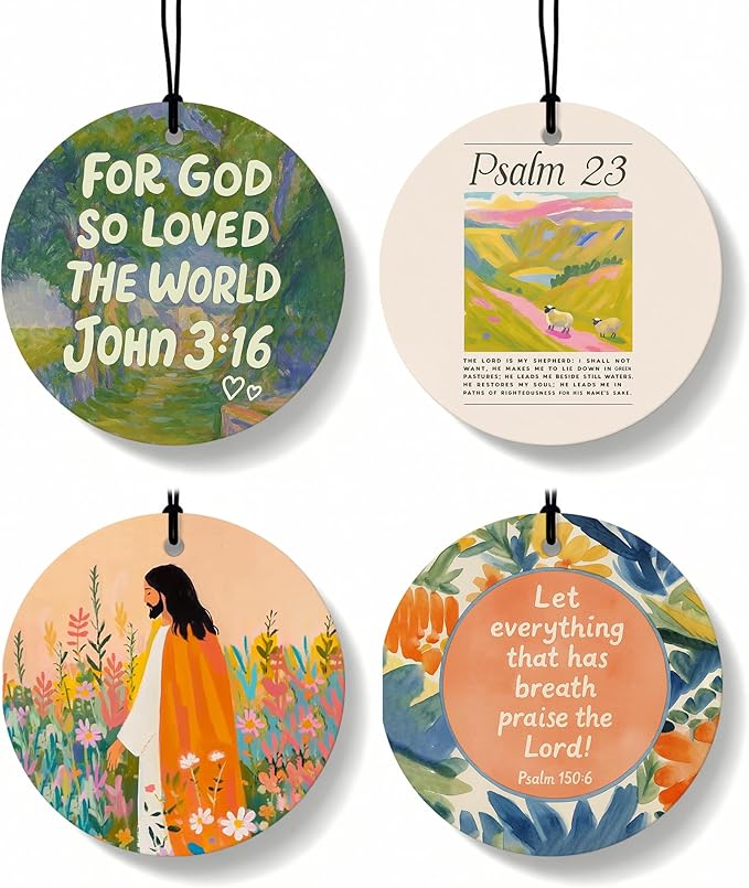 Jesus Christian Round Citrus Car Air Freshener 4 Pcs, Colorful Floral Religious Hanging Air Freshener for Cars Bathroom Dorm Books Decor, Jesus Christian Accessories Gifts for Women Men
