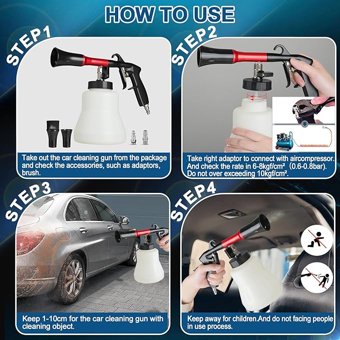 PARAROSE Car Cleaning Gun Detailing Interior Dryer Air Blow Gun, High Pressure Blower Gun, Car Detailing Kit Interior Cleaner（1L Capacity，Black）