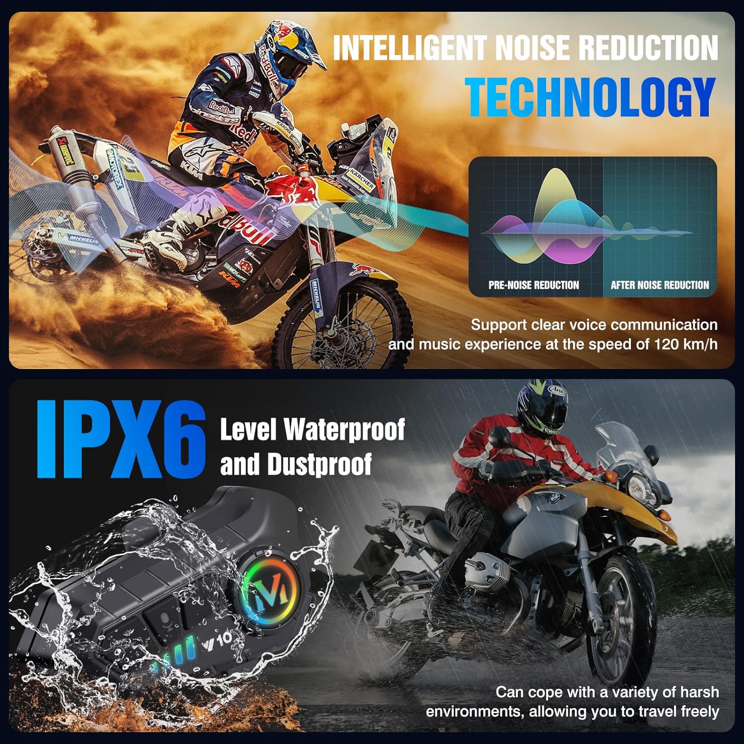 FEYA Motorcycle Helmet Speakers High Battery Life Helmet Headphone IPX6 Automatic Answer/Call Music Control/Intelligent Noise/Wake up Siri, 2 Different Types of Mic - Compatible with All Helmets
