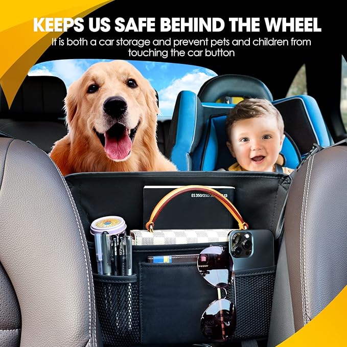 Black Car Handbag Holder Between Seats Suede Car Storage Bag Large Capacity 7 Compartment Purse Phone Ipad Automotive Consoles Organizer Safe Barrier of Pet Kids…