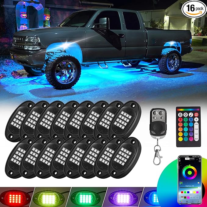 16 Pods RGB LED Rock Lights for Trucks Pickup Golf Cart Offroad RV UTV ATV SUV, Waterproof Multicolor Underglow Kit for Cars with APP Music Mode, Vehicle Underbody Light Underneath Accent 12V