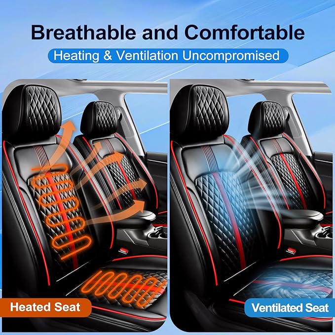 Fit Colorado Car Seat Covers (Front Pair) for Select Chevy/Chevrolet Colorado 2015-2026 - Premium Full Coverage Leather, Waterproof & All Weather Seat Cushion Protector, Black with Red Trim