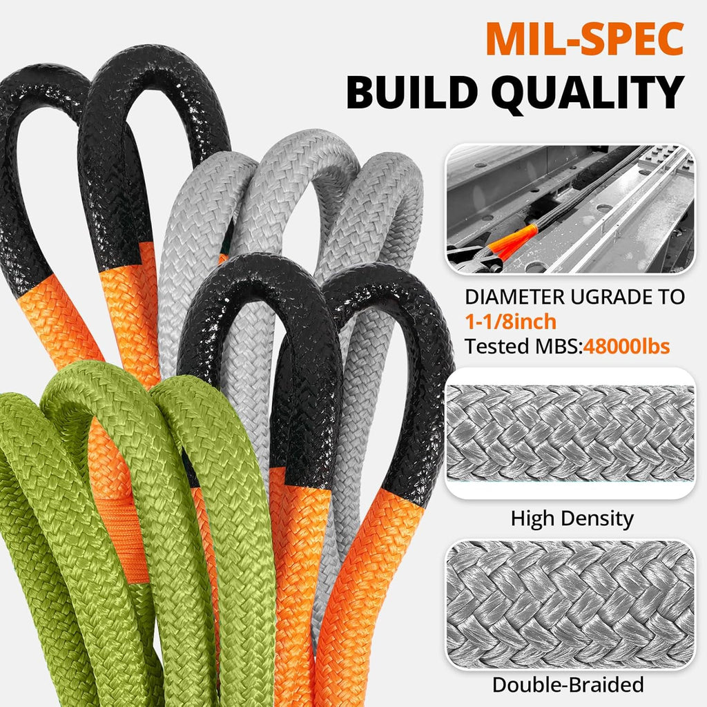 Kinetic Recovery Tow Rope: 1-1/8" x 20ft 48000LBS Snatch Strap with Soft Shackles Heavy Duty Offroad Towing Straps Kit for Trucks SUV UTV ATV Tractor Car Jeep - Green