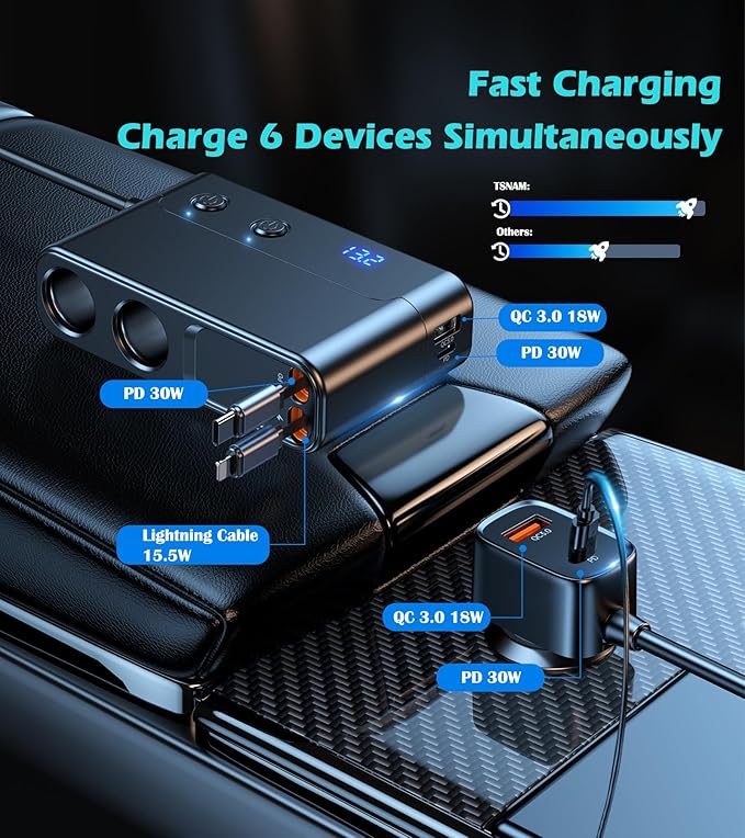 8 in 1 Retractable Cigarette Lighter Splitter, 191W Car Charger Adapter with 2 Sockets,12V Car Outlet with PD30W QC3.0 USB Charging Ports, LED Voltage Display TSNAM
