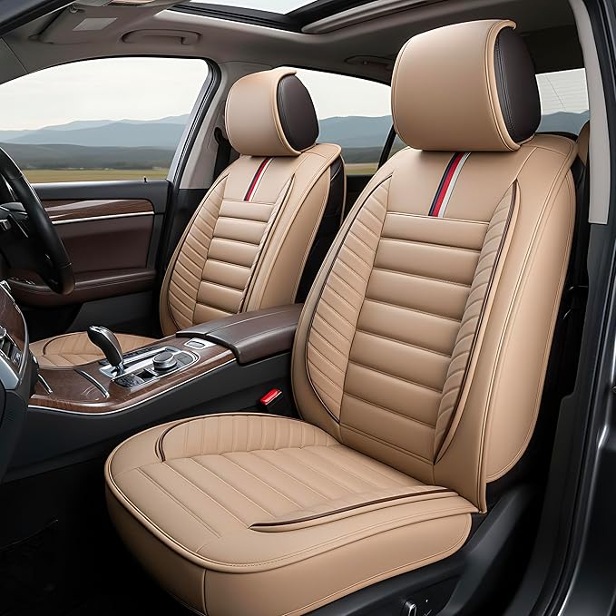 OASIS AUTO Car Seat Covers Full Set Premium Waterproof Faux Leather Cushion Universal Accessories Fit SUV Truck Sedan Automotive Vehicle Auto Interior Protector (OS-001 Tan)