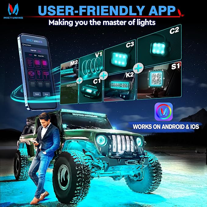 MICTUNING C2 Curved RGBW LED Rock Lights - 10 Pods Underglow Multicolor Neon Light with Wiring Switch Kit, Microphone Sync with APP Control