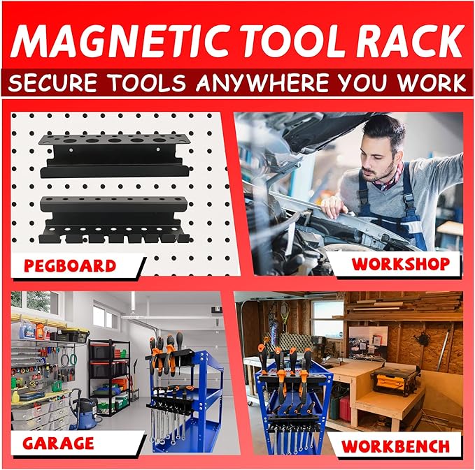 ULIBERMAGNET Magnetic Screwdriver Holder,Magnetic Wrench Holder,Heavy Duty Black Metal Tool Storage Organizer,Set of 2 Magnetic Mount Tool Holder for Garage,Workbench,Tool Cart,PegBoard