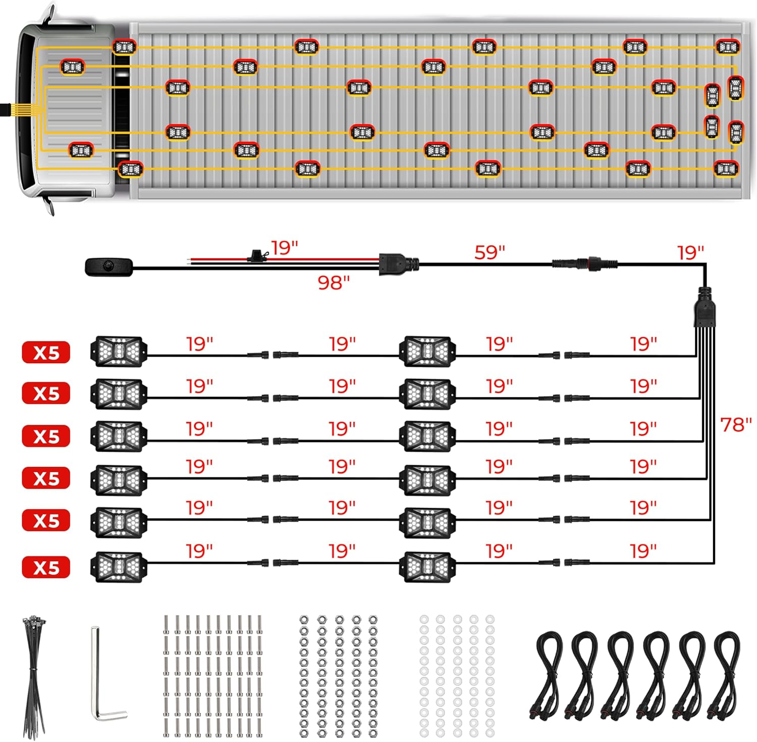 30 Pods Pure White LED Rock Lights Kit with Switch Wiring Harness,6500K 810 LEDs Bright Rock Lights for Trucks,Waterproof Underglow Light for Car Jeep Off Road ATV UTV SUV