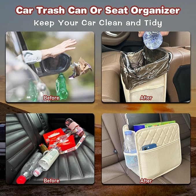 Witaxima Upgrade Car Seat Organizer Backseat with Storage Pockets, Multipurpose Car Organizer Hanging, Car Trash Bag Can,Premium PU Leather Garbage Can 2.14 Gallon Large Capacity Accessories Beige