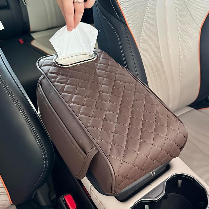 Upgraded Multi-Functional Car Center Console Cover, PU Leather Armrest Pad Cushion with Memory Foam Cushion, 2 Storage Pockets, Tissue Box Hole for Sedan Vehicles, 7 Colors (Coffee)