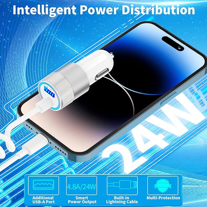 [Apple MFi Certified] iPhone Fast Car Charger, Caiinei 4.8A Dual USB Power Car Charger Fast Charging Cigarette Lighter+6FT Coiled Lightning Cable for iPhone 14 13 12 11 Pro Max XS Mini XR X 8 SE iPad