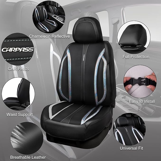 CAR PASS Nappa Leather Seat Covers, Waterproof Durable Universal fit for Women Girly SUV Truck,Anti-Slip Driver Seat Cover with Backrest, full set 5 Holographic Black Silver strips Iridescent colorful
