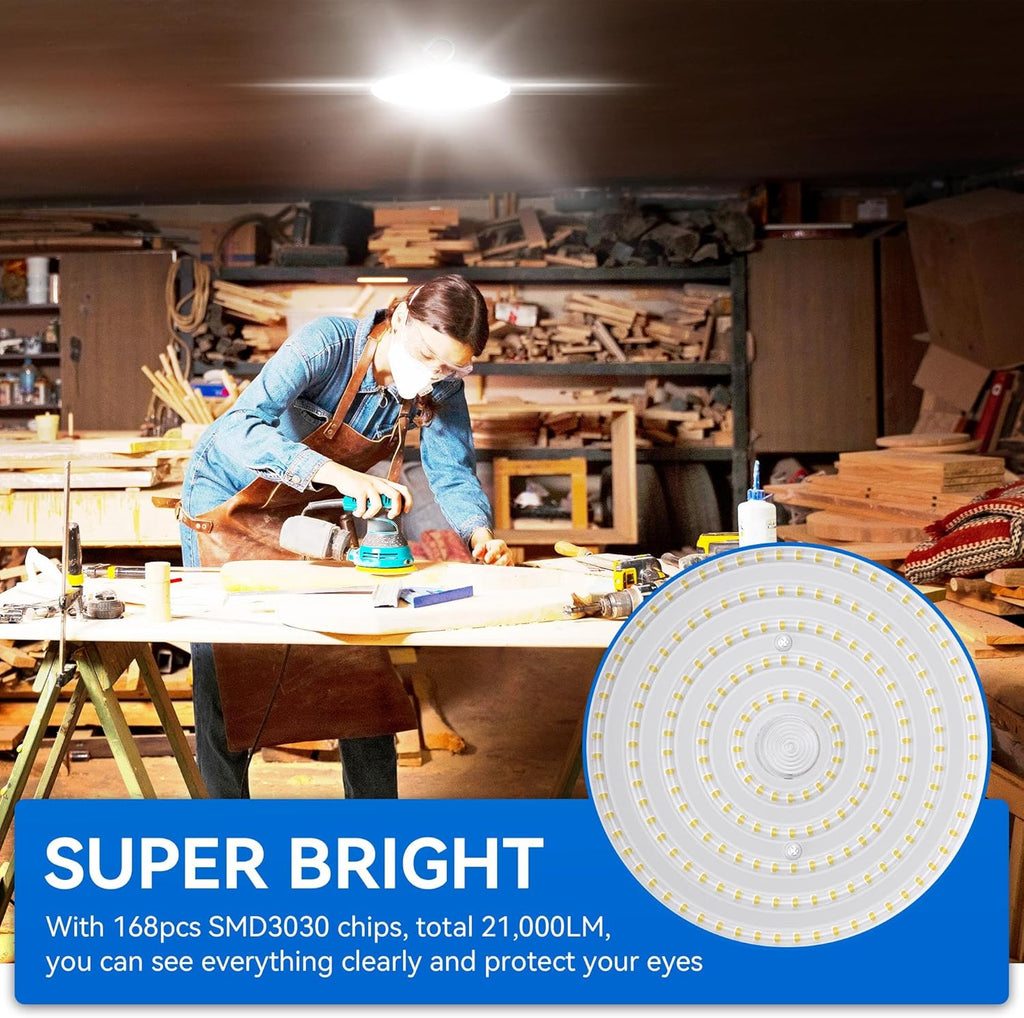 4 Pack UFO LED High Bay Light 150W(600W MH/HPS Equiv.), 21000lm, 5000K Daylight High Bay LED Shop Lights with 5' Cable US Hook, IP65 Commercial Light Fixture for Warehouse Workshop Barn Factory