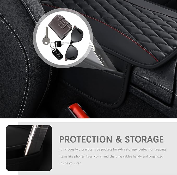IHOTDER Patchwork Leather Center Console Covers for Cars,Upgraded Arm Rest Cover for Car with Side Storage Pocket for Car Seat Organizer,Middle Console Cover Stylish Car Decoration (Black)